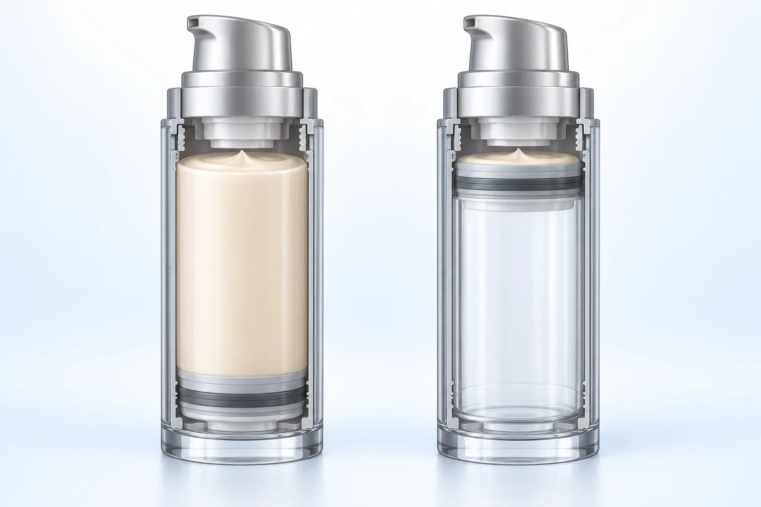 Two airless bottles in cutaway view showing low and raised piston positions