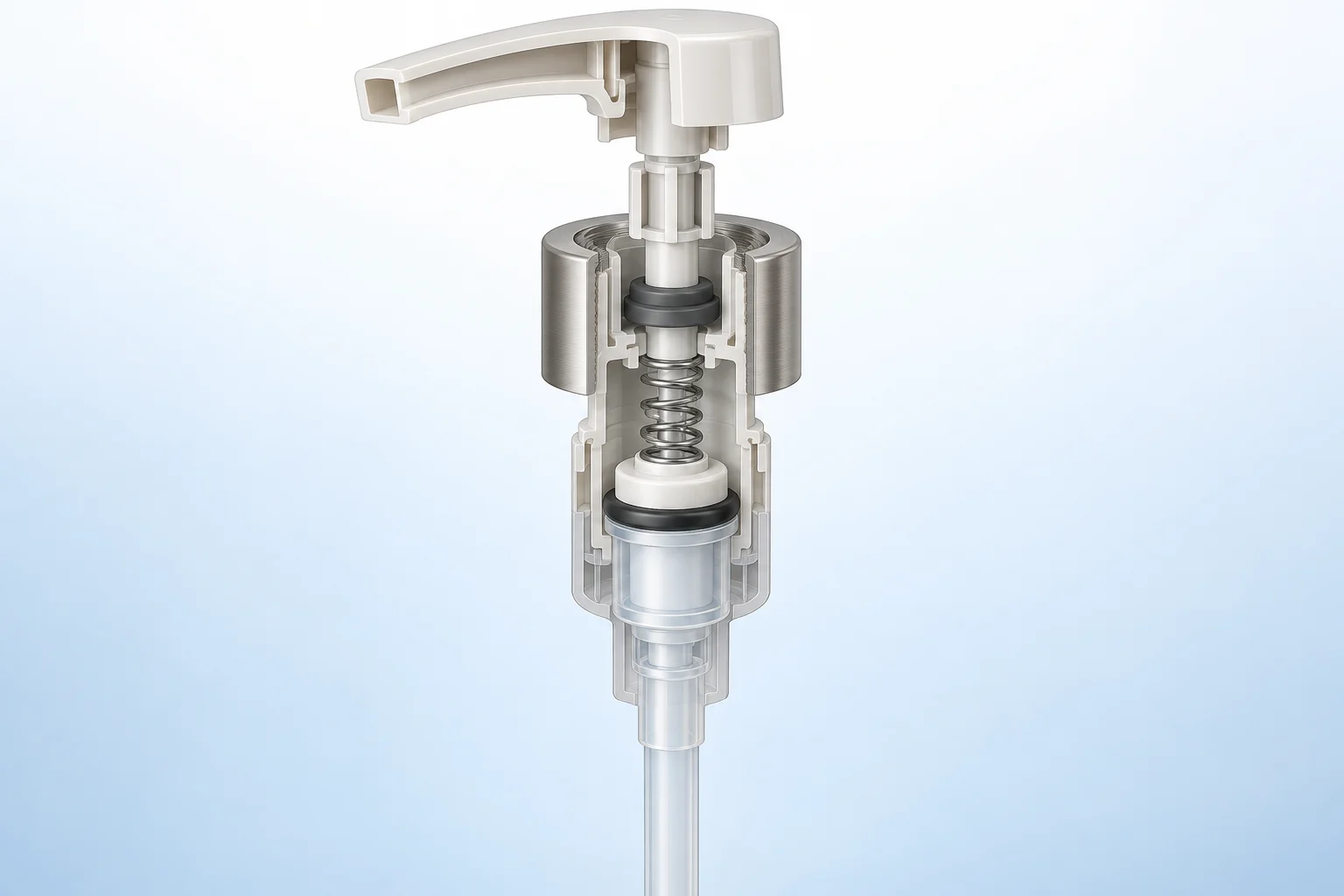 Generic cutaway illustration of a cosmetic pump assembly with internal spring, seals and dip tube visible