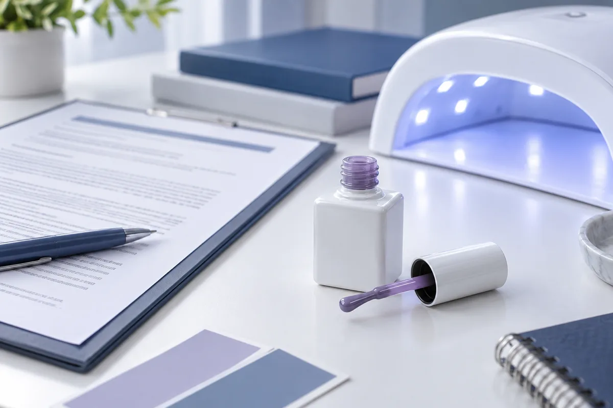 Gel polish regulatory review: a white square gel polish bottle with a purple brush handle beside a UV curing lamp and out-of-focus documents