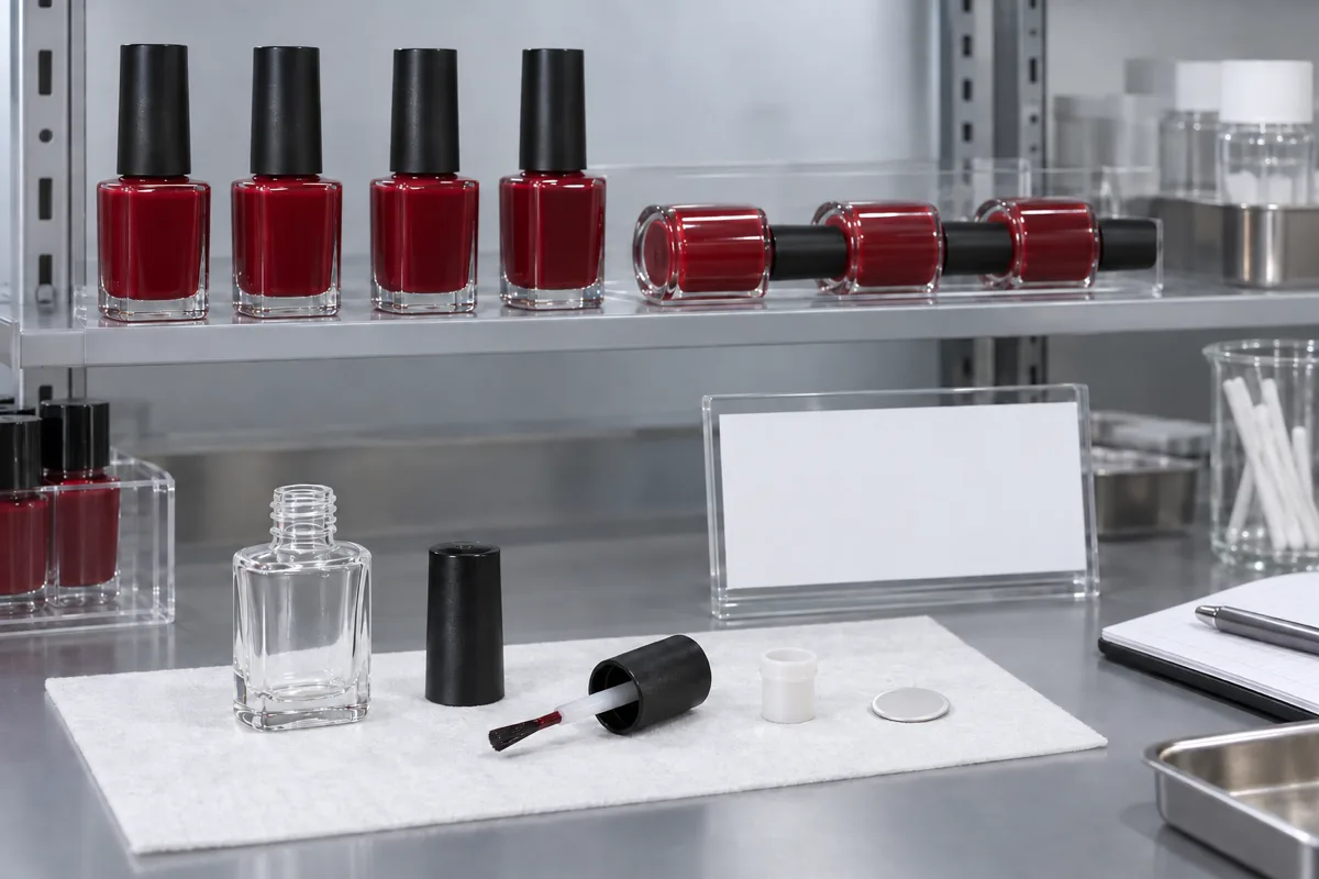 Pack compatibility test setup in a laboratory: an empty nail polish bottle, separated cap, brush assembly and liner components laid out on a white mat, with filled red polish bottles stored upright and on their sides on shelving behind