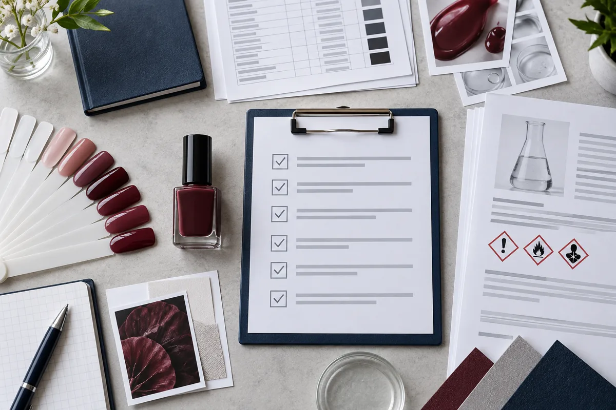 Overhead view of a nail polish supplier evaluation: colour swatch cards and painted nail colour tips laid out beside a polish bottle, a clipboard and printed documents