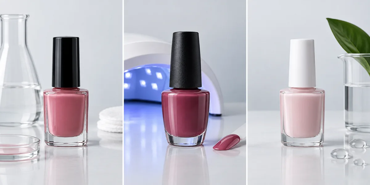 Three nail polish product categories in clear glass bottles arranged in three columns: solvent-based lacquer beside laboratory glassware on the left, gel polish beside a UV curing lamp in the centre, and water-based polish beside a glass of water with a plant on the right