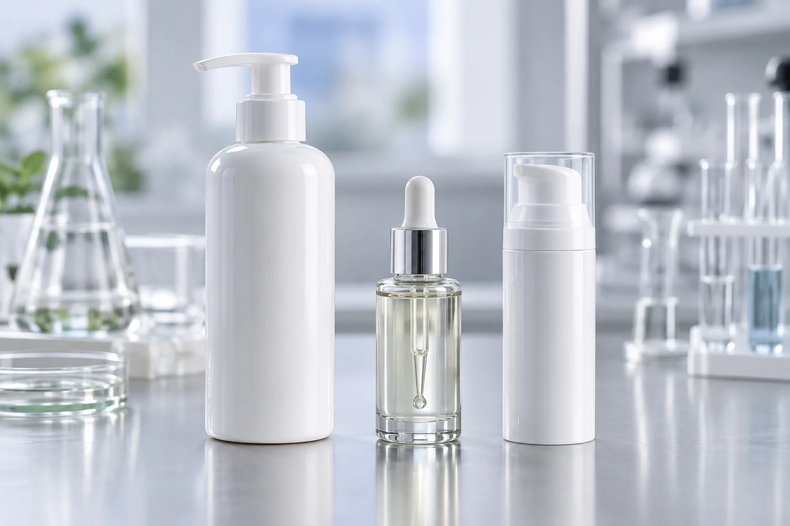Cosmetic pump bottle, dropper bottle and airless bottle arranged on a laboratory bench