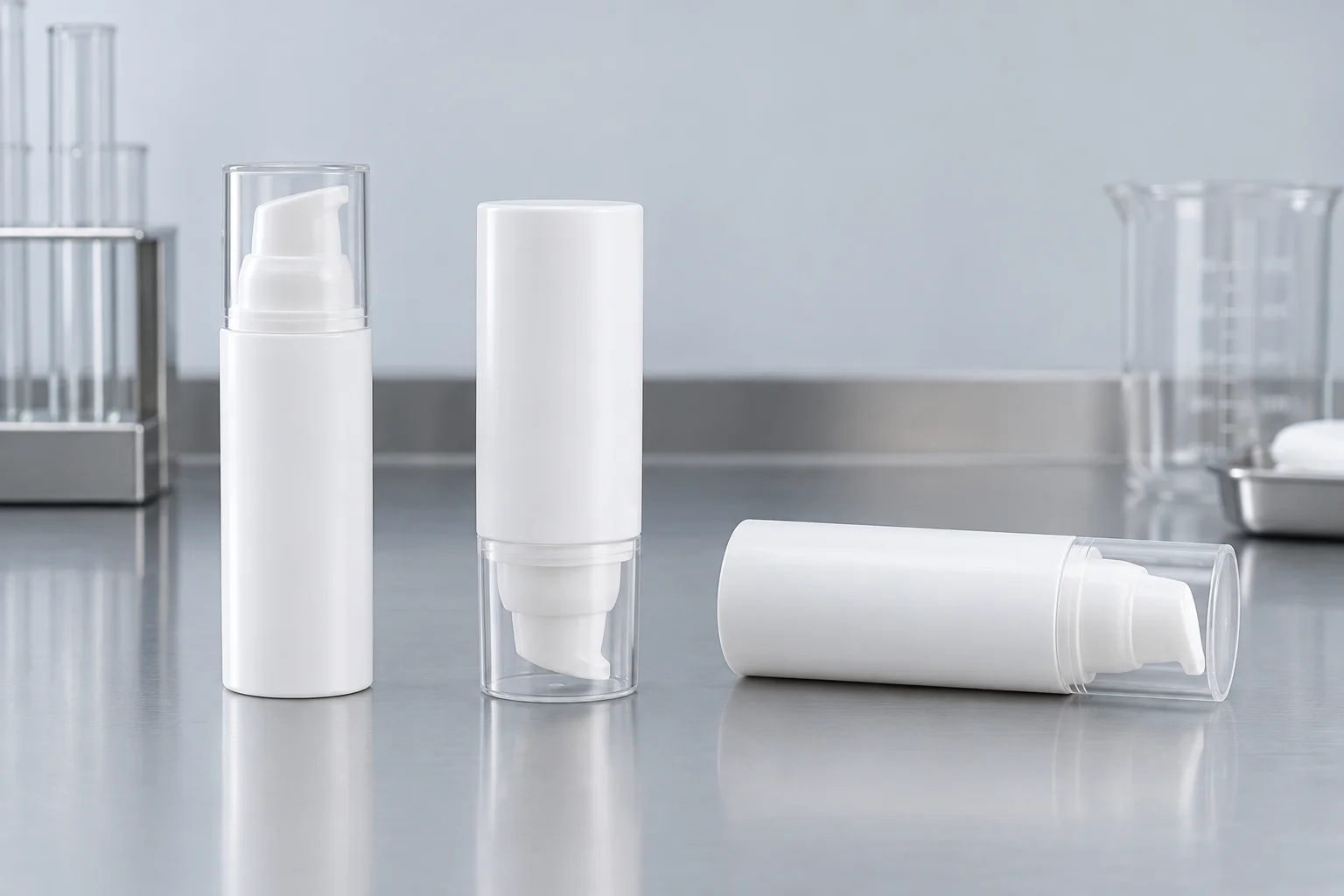 Three white pump bottles shown upright, inverted and on their side on a laboratory bench