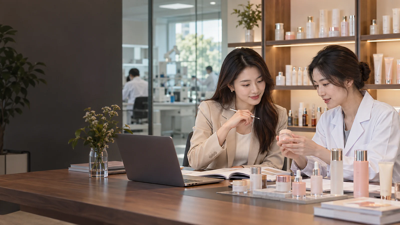GZ Cosmetics Lab sales consultant discussing an OEM project with a client over product samples and a laptop
