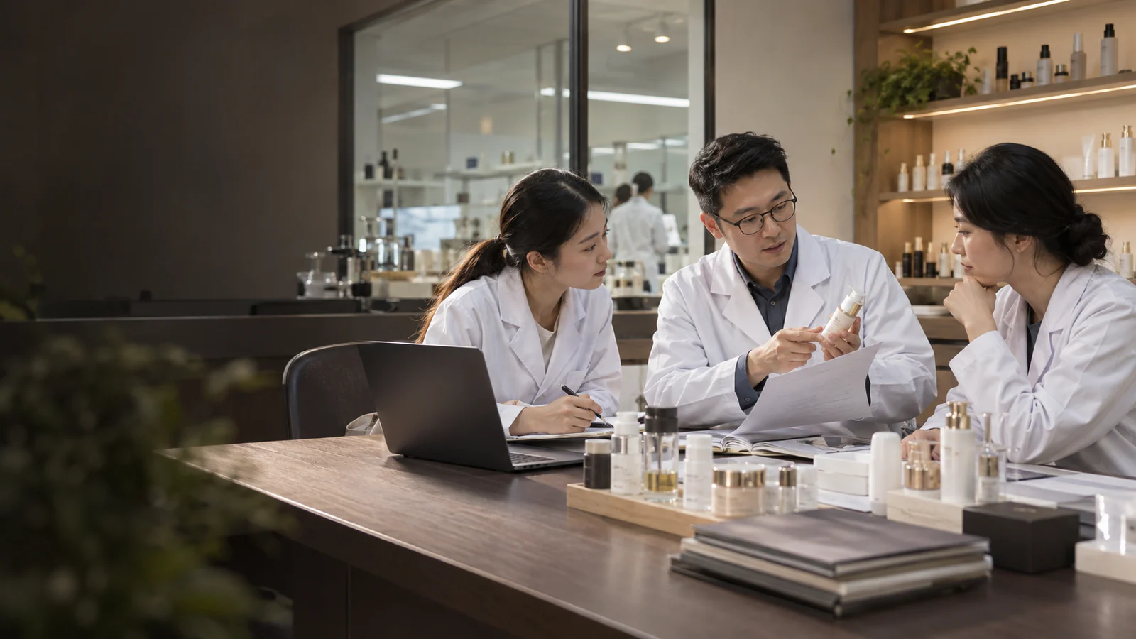 Two GZ Cosmetics Lab support specialists reviewing a skincare sample and product specifications