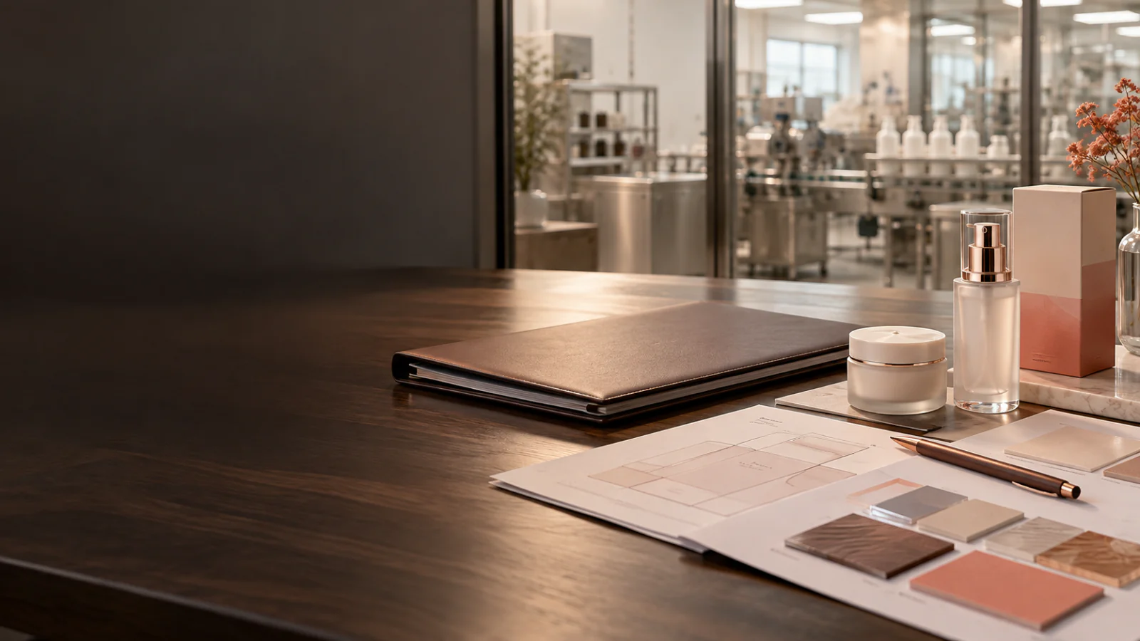 Leather portfolio with a manufacturing agreement, product specification sheets and cosmetic packaging samples on a dark wooden desk