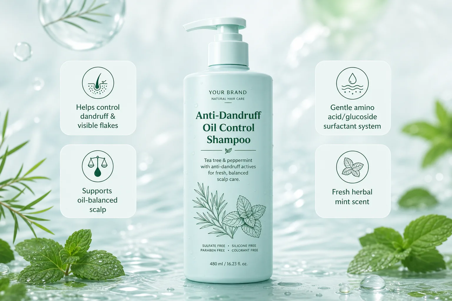 Private label anti-dandruff oil control shampoo produced as a narrow-position anchor SKU for a hair care range