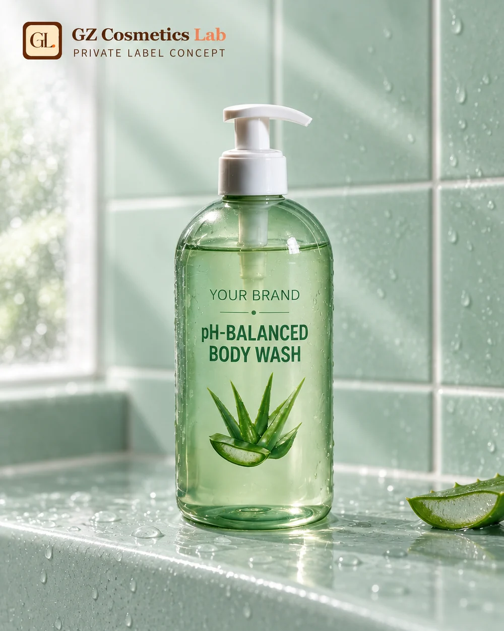 Private-label body wash pump bottle concept labelled pH-Balanced Body Wash