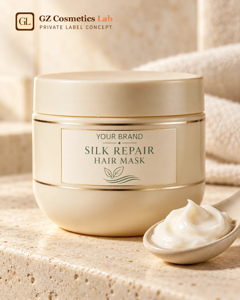Private-label hair mask jar concept labelled Silk Repair Hair Mask