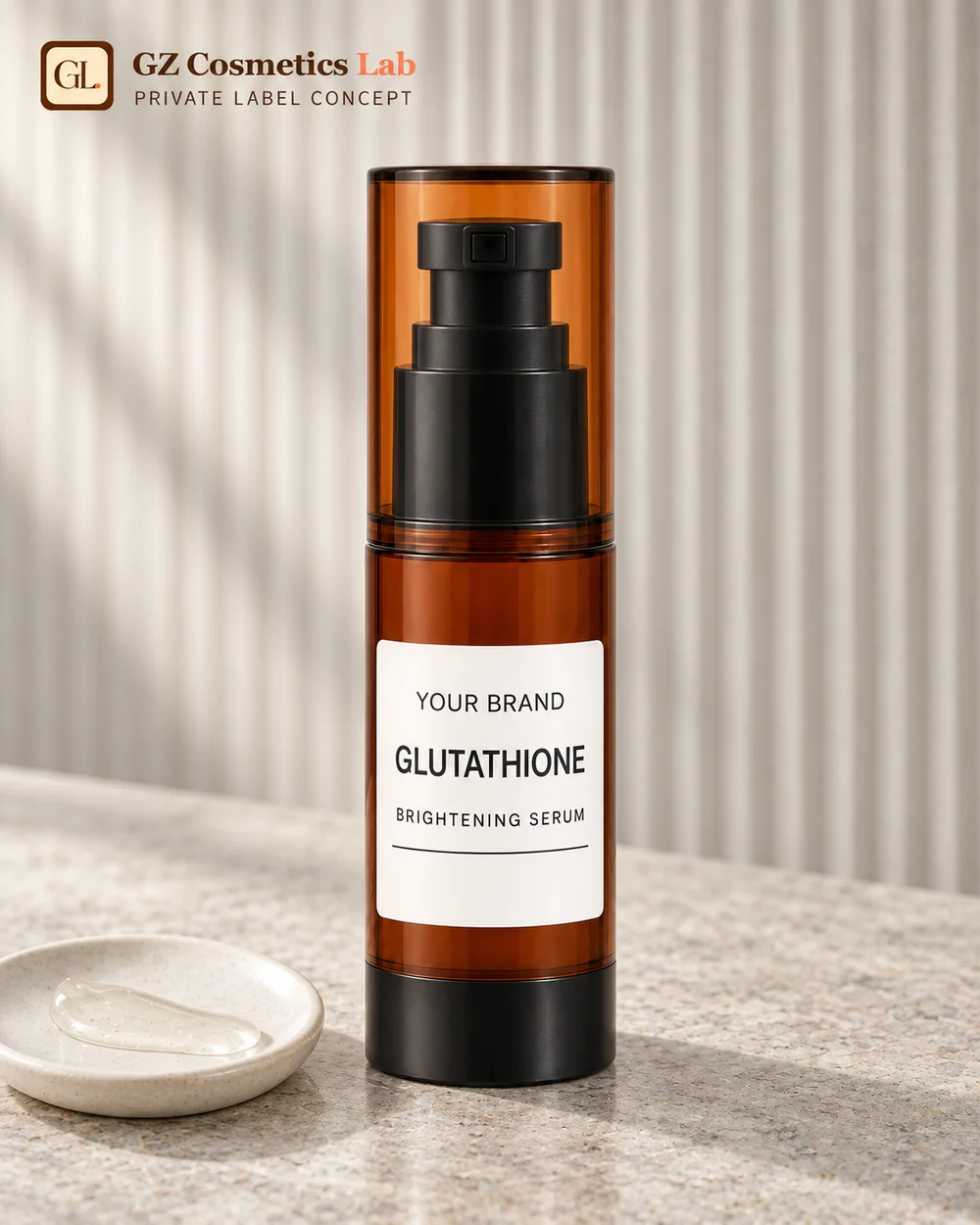 Glutathione brightening serum in an airless pump bottle, the format specified because the thiol group that makes the active work is also what makes it oxidation-sensitive