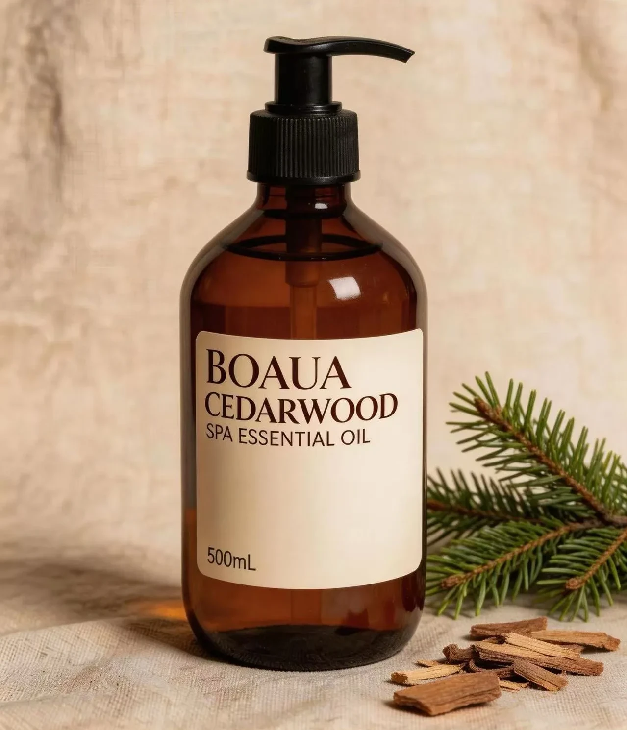 Cedarwood professional spa massage oil in 500ml amber glass pump bottle, sweet almond oil base for long working time