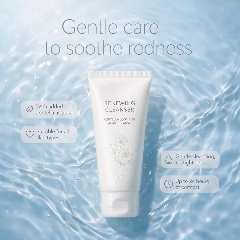 Centella renewing cleanser produced at our Guangzhou facility, a skincare format with a minimum order of 2,000 to 3,000 units per SKU and 35 to 45 day production